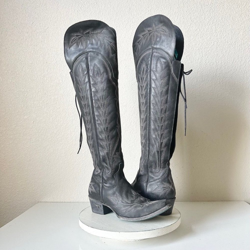 EUC Lane LEXINGTON Over the Knee Western Boots Sz 9.5 Black Leather Snip Toe